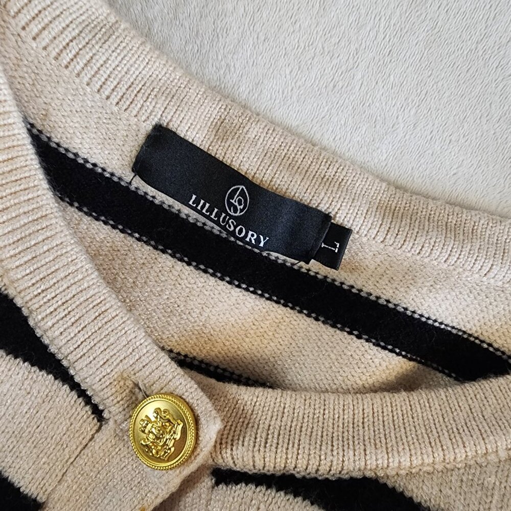 LILLUSORY Striped Cardigan Sweater Lady Jacket Gold Buttons Black & Cream Size L - Picture 2 of 13